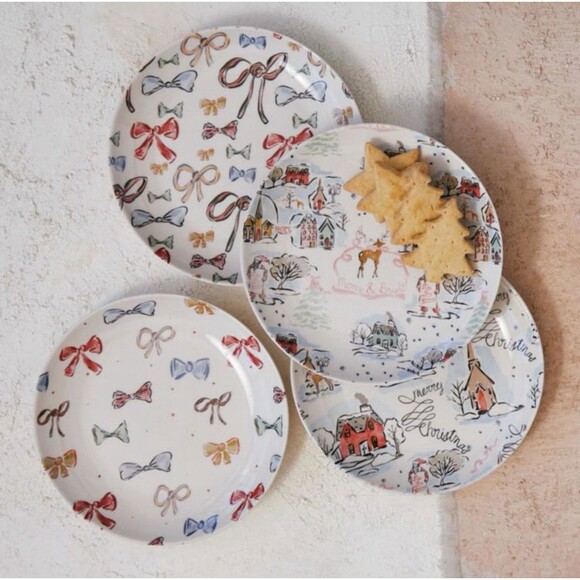 Christmas Plates 8” Pastel Whimsical Stoneware Salad Dessert Snack Holiday Set 4 - Picture 2 of 6